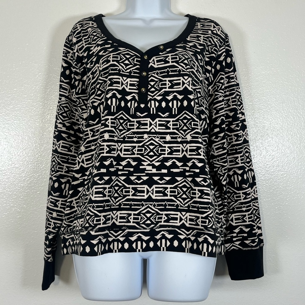 Columbia 2X Black & Cream Tribal Print Henley Sweatshirt Top Hiking Outdoor